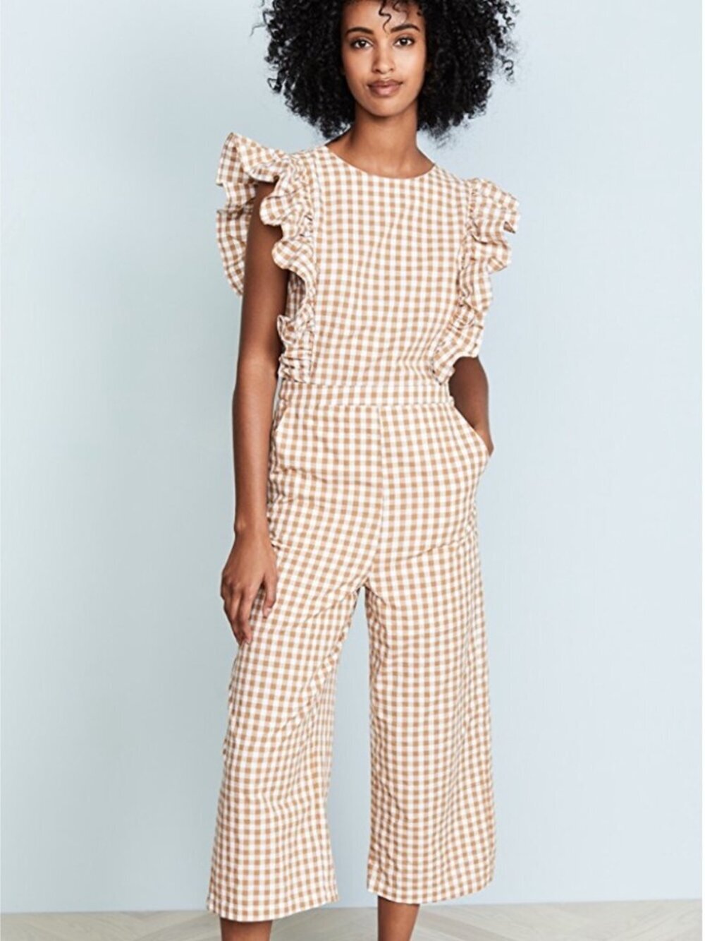 English Factory Plaid Ruffle Tie Back Capri Jumpsuit Size Small